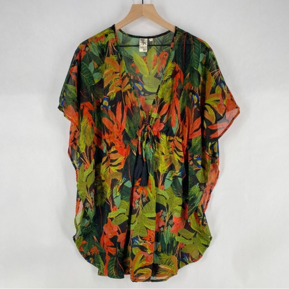 Violet Sky Sheer Chiffon Tropical Leaf‎ Print Plunging V-Neck Batwing Swim Cover